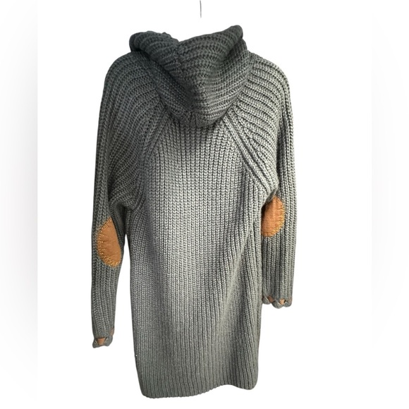 POL Gray Hooded chunky wool Cardigan Coat M Lagenlook Cottagecore Elbow Patch - Picture 2 of 6
